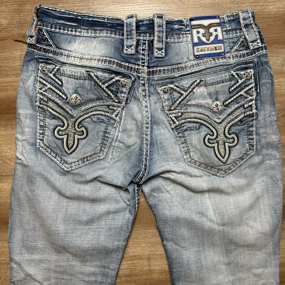 Rock Revival Jeans Mens 33 Chamois Slim Boot Denim Destroyed Light Wash Rockstar - Picture 1 of 14
